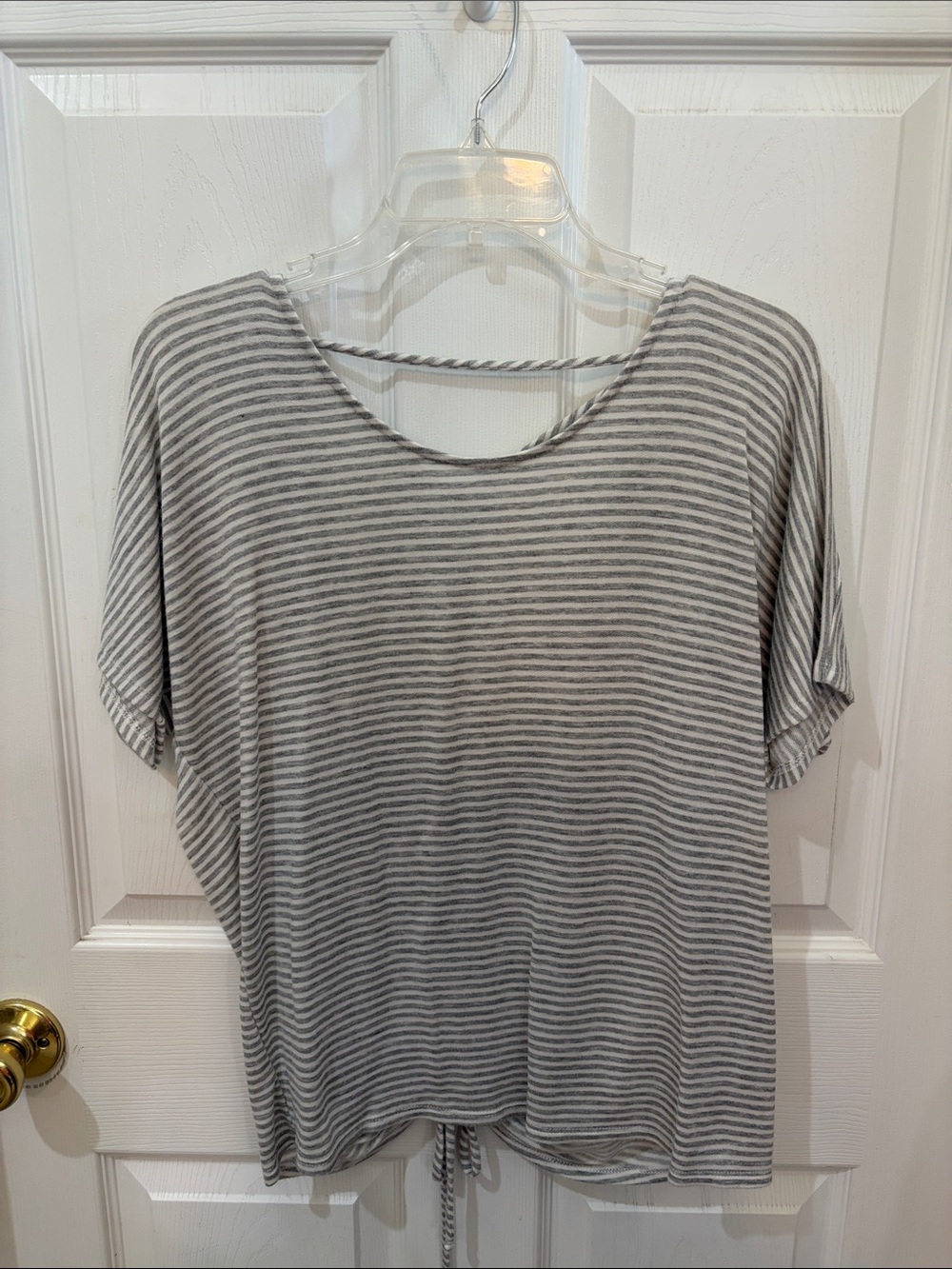 Relaxed Gray & White Striped Short Sleeve Tee with Tie back